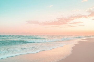 Pastel beach sunset. Soft, muted colors of pink, teal, and peach paint a tranquil beach scene at sunset. Gentle waves lap against the shore