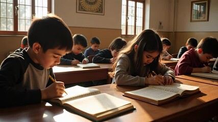 Captivating footage of children learning Quran in a madrasa classroom, bathed in daylight as students write in a calm, peaceful atmosphere in 4k. - Powered by Adobe