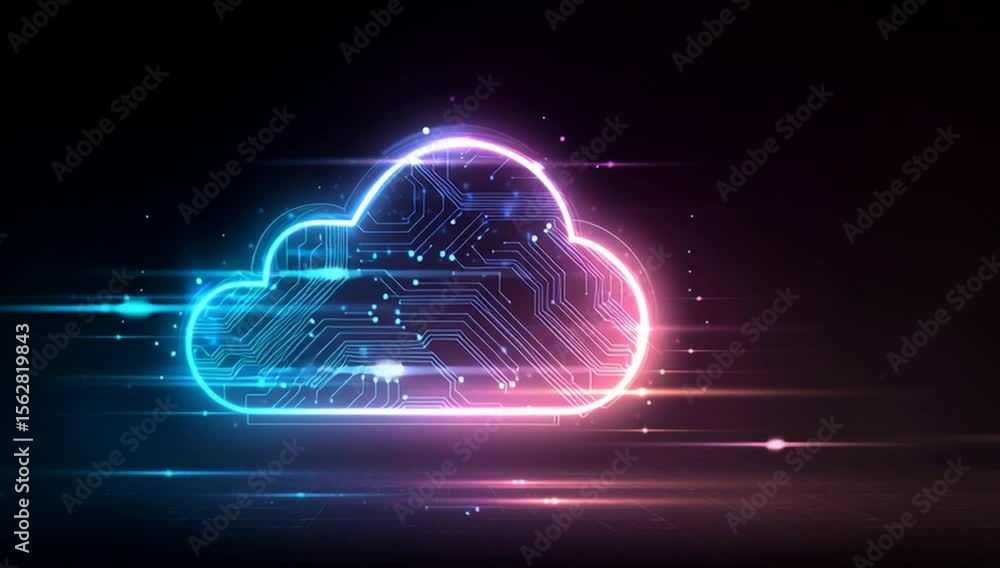 Poster a glowing neon cloud icon with circuit patterns, representing the concept of cloud computing in digi