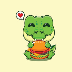 Cute crocodile with burger cartoon vector illustration