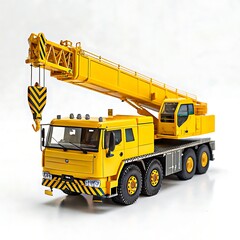 Obraz premium Yellow mobile crane truck with extended boom arm and safety markings in construction setting