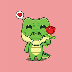 Cute crocodile holding rose flower cartoon vector illustration