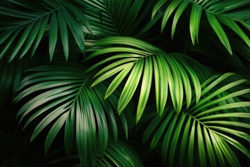 Lush tropical palm leaves fill the frame, showcasing intricate textures and vibrant greens
