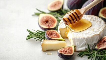 Creamy brie, figs, and honey on a light surface.  Fresh rosemary sprigs enhance the display.  A wooden spoon drizzles honey over the cheese