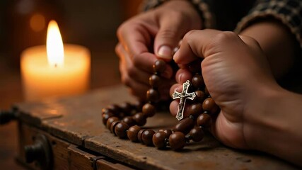 Christian faith is shown as fingers gently move across rosary beads in quiet prayer, illuminated by candlelight in soft focus footage. - Powered by Adobe