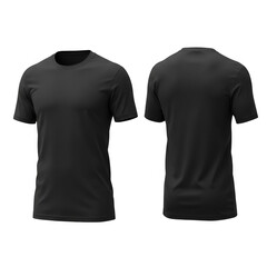 Front and back view of a plain black short sleeve t shirt isolated on transparent background