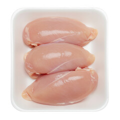 Three raw chicken breasts packaged in a white styrofoam tray isolated on transparent background