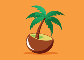 Vector art of a coconut shell contains a small palm tree in a tropical vector illustration