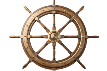 Wooden ship wheel with brass accents on a black background, nautical theme