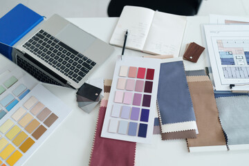 Interior Design Color Palette Fabric Samples Laptop Architect Workspace Table Top View for Creative...