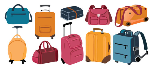 Set of travel icons. Traveler suitcase with stickers. Bag, map, camera, tickets, phone, hat, airplane, compass and airplane with linear flying route. Vector objects isolated on blue background. 