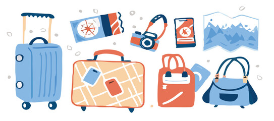 Set of travel icons. Traveler suitcase with stickers. Bag, map, camera, tickets, phone, hat, airplane, compass and airplane with linear flying route. Vector objects isolated on blue background. 