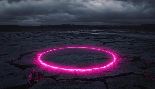 A glowing pink circle on cracked earth, under a stormy sky