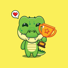 Cute crocodile holding gold trophy cup cartoon vector illustration
