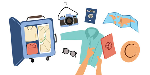 Set of travel icons. Traveler suitcase with stickers. Bag, map, camera, tickets, phone, hat, airplane, compass and airplane with linear flying route. Vector objects isolated on blue background. 