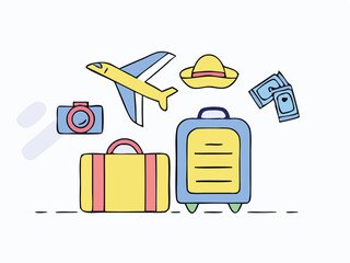 Set of travel icons. Traveler suitcase with stickers. Bag, map, camera, tickets, phone, hat, airplane, compass and airplane with linear flying route. Vector objects isolated on blue background. 