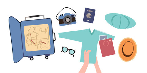 Set of travel icons. Traveler suitcase with stickers. Bag, map, camera, tickets, phone, hat, airplane, compass and airplane with linear flying route. Vector objects isolated on blue background. 