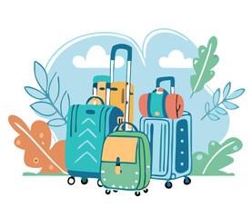 Set of travel icons. Traveler suitcase with stickers. Bag, map, camera, tickets, phone, hat, airplane, compass and airplane with linear flying route. Vector objects isolated on blue background. 