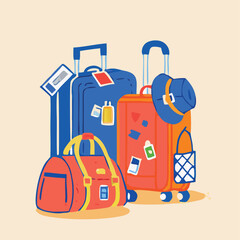 Set of travel icons. Traveler suitcase with stickers. Bag, map, camera, tickets, phone, hat, airplane, compass and airplane with linear flying route. Vector objects isolated on blue background. 