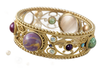 Ornate gold bracelet with gemstones and pearls, luxury jewelry design