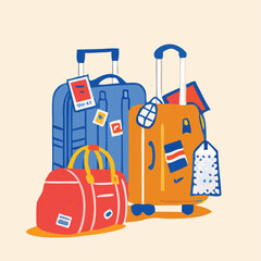 Set of travel icons. Traveler suitcase with stickers. Bag, map, camera, tickets, phone, hat, airplane, compass and airplane with linear flying route. Vector objects isolated on blue background. 