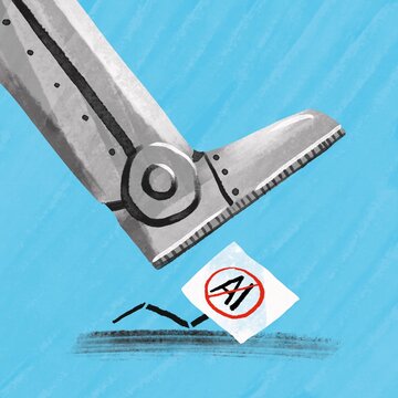 big robot's feet trampling a protesting poster