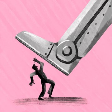 big robot's feet trampling a  person