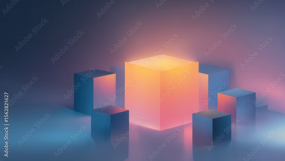Poster Glowing orange cube centered among smaller, reflective blue cubes on a hazy, reflective surface with soft lighting