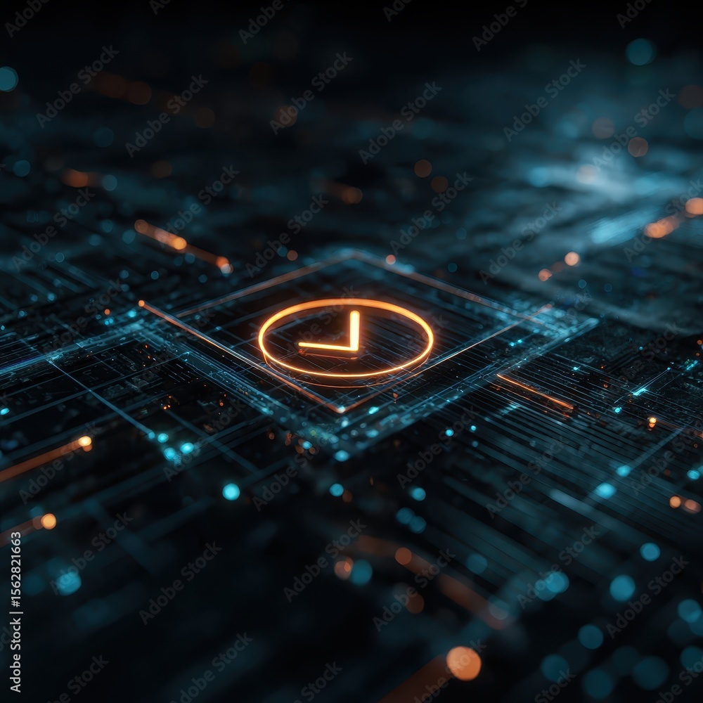 Poster glowing orange checkmark within a digital square on a complex, dark blue circuit board