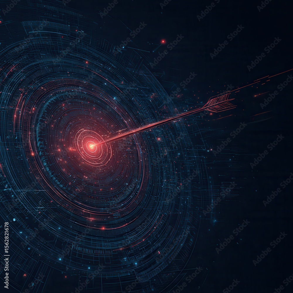 Poster A glowing red arrow, digitized, strikes a concentric circular target of teal and red light trails within a dark space
