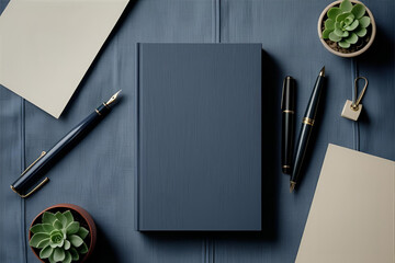 A blank book cover mockup on a desk with pens and succulents