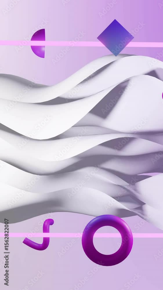 Poster animation of neon frame and abstract shapes moving over waving layers background