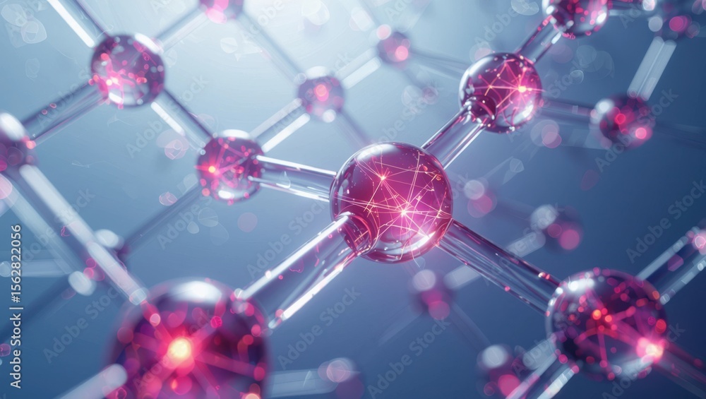 Poster abstract visualization of a glowing molecular structure with interconnected nodes and vibrant energy
