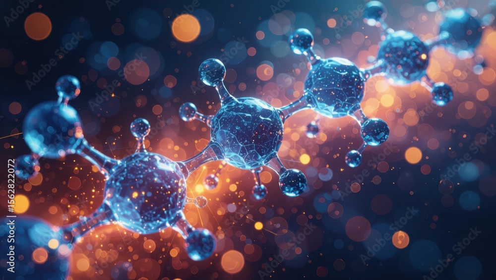 Poster abstract visualization of glowing blue molecular structures with vibrant orange bokeh lights in a da