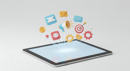 Digital Marketing Strategy & Business Icons from Tablet - Online Promotion & Success Concept