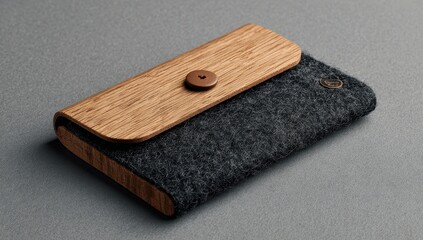Sleek, rectangular case crafted from dark grey felt and light brown wood, featuring a single wooden button closure