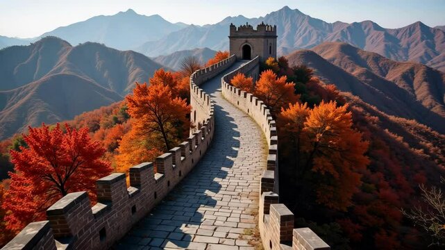 Experience the grandeur of the Great Wall of China in stunning 4k aerial footage, showcasing a path traced through vibrant red and orange autumn leaves.