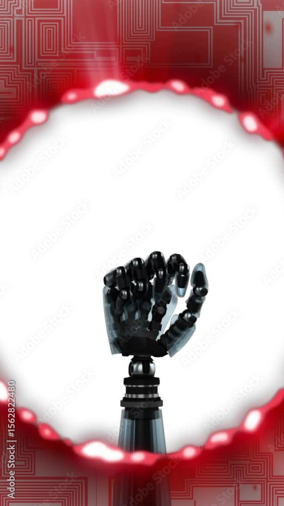 Poster robotic hand in fist gesture over red circuit pattern animation