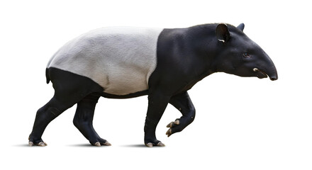 Fototapeta premium 白黒の体色を持つマレーバクが歩いている姿の高解像度横向きポートレート、白背景で撮影された希少野生動物の自然な動きの一瞬を捉えた画像 - 生成AI