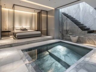 Luxurious minimalist bedroom suite featuring an in-ground soaking tub, marble floors, and a recessed staircase leading to an upper level