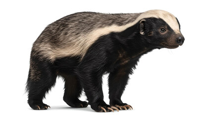 ラーテル（ミツアナグマ）が白背景に立っている姿。特徴的な白と黒の毛並みと鋭い爪を持つ野生動物の横向き全身ショット -生成AI