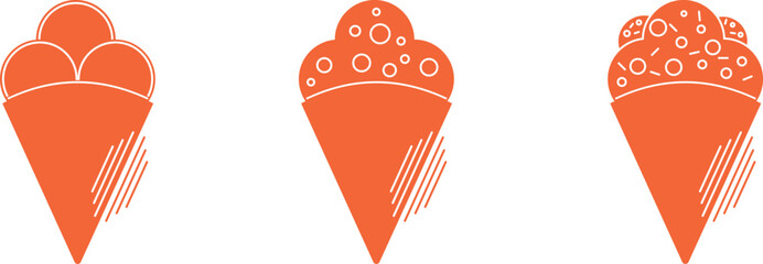Ice cream in waffle cones with milk cream, candy balls, powdered sugar and chocolate crumbs. Sweet and cold ice cream, simple vector icons. Sweet food
