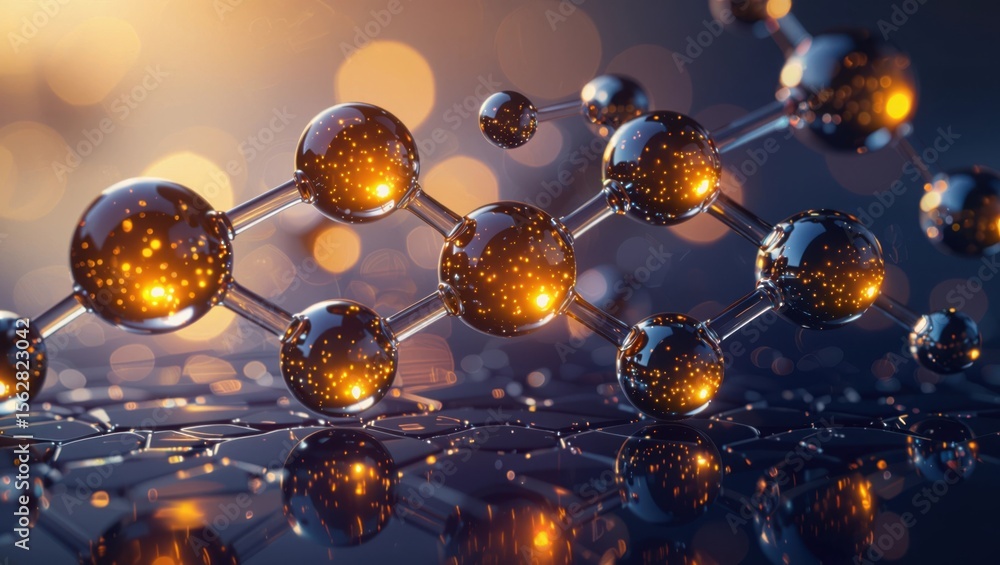 Poster abstract representation of a glowing molecular structure with interconnected spheres and a dark refl