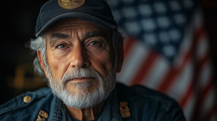 Two-Color Portrait of Proud Veteran in Uniform with Flag Symbolizing Courage and Sacrifice
