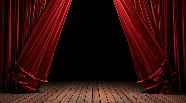 The red curtain on the stage opens from the center of the stage, it folds out beautifully in front, horizontal version. Grand opening on the stage. 
Theater stage