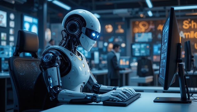 A humanoid robot AI agent working together with a human at a computer keyboard symbolizing antigen autonomy and the future of work with an assistant copilot bot for automation of jobs, 32k resolution
