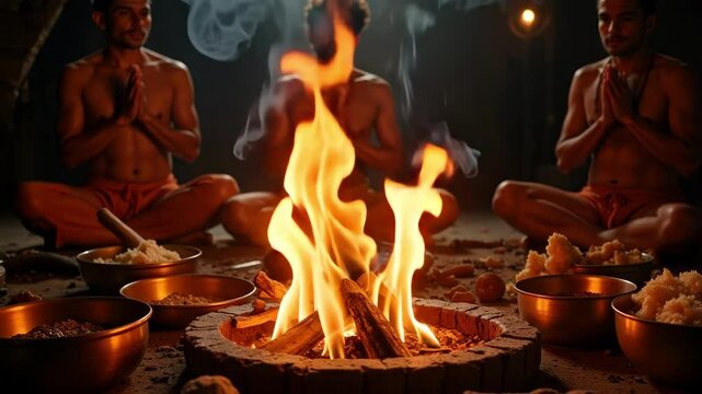 Witness a mesmerizing Hindu yagna with slow motion flames, rising smoke, and ancient Vedic chants in this stunning 4k footage of a fire ritual.