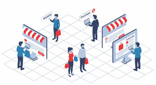 Isometric online shopping experience with customers, laptops, and virtual storefronts