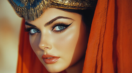 Two-Color Portrait of Cleopatra with Striking Headdress and Eyeliner in Royal Attire and Mysterious Expression
