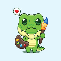 Obraz premium Cute crocodile painter cartoon vector illustration